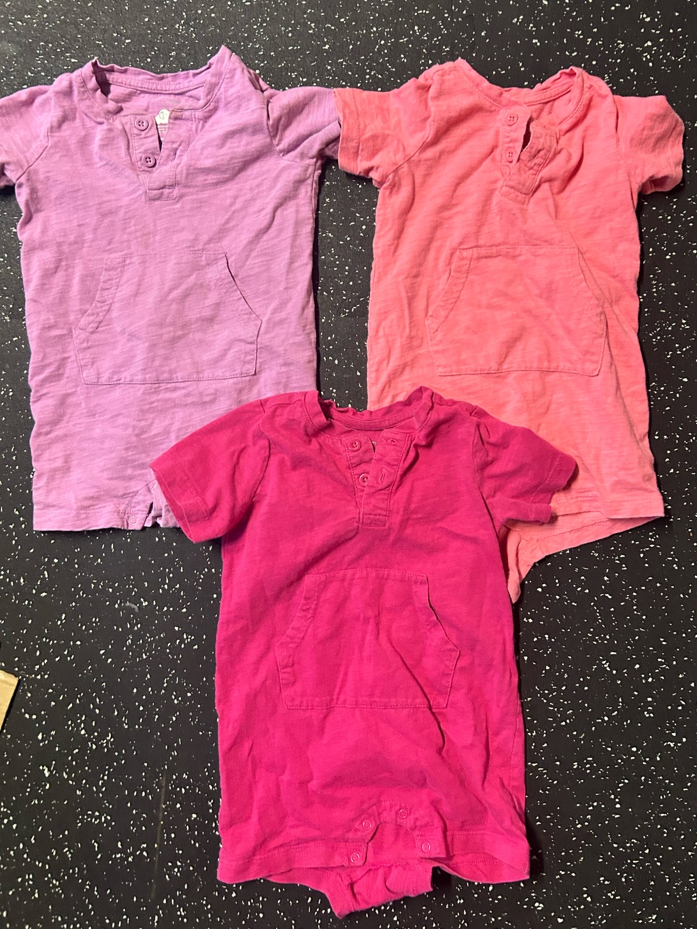 Primary Short-Sleeve Henley Pocket Rompers in Lavender, Coral & Magenta & Shorts